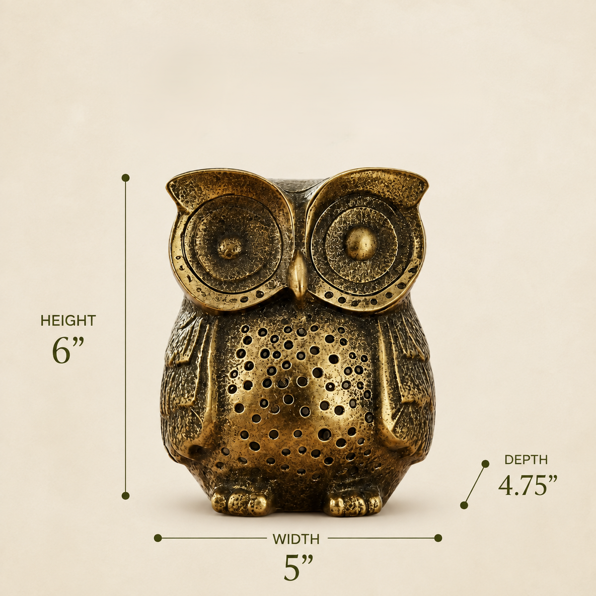 Antique brass owl figurine dimensions showing 6-inch height, 5-inch width, and 4.75-inch depth.