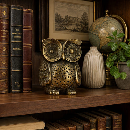 Antique brass owl figurine displayed on a wooden bookshelf with vintage books and decorative accessories in an elegant study.