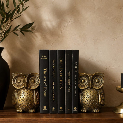 Antique brass owl bookends holding matte black hardcover books on a floating walnut shelf with a black ceramic vase, brass candle holder, and olive branches against a warm beige Venetian plaster wall. Luxury home décor lifestyle setting.