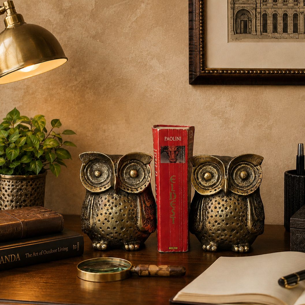 Antique brass owl bookends styled on a dark walnut desk with a red book, brass desk lamp, and luxury warm beige Venetian plaster wall backdrop in an elegant home study.