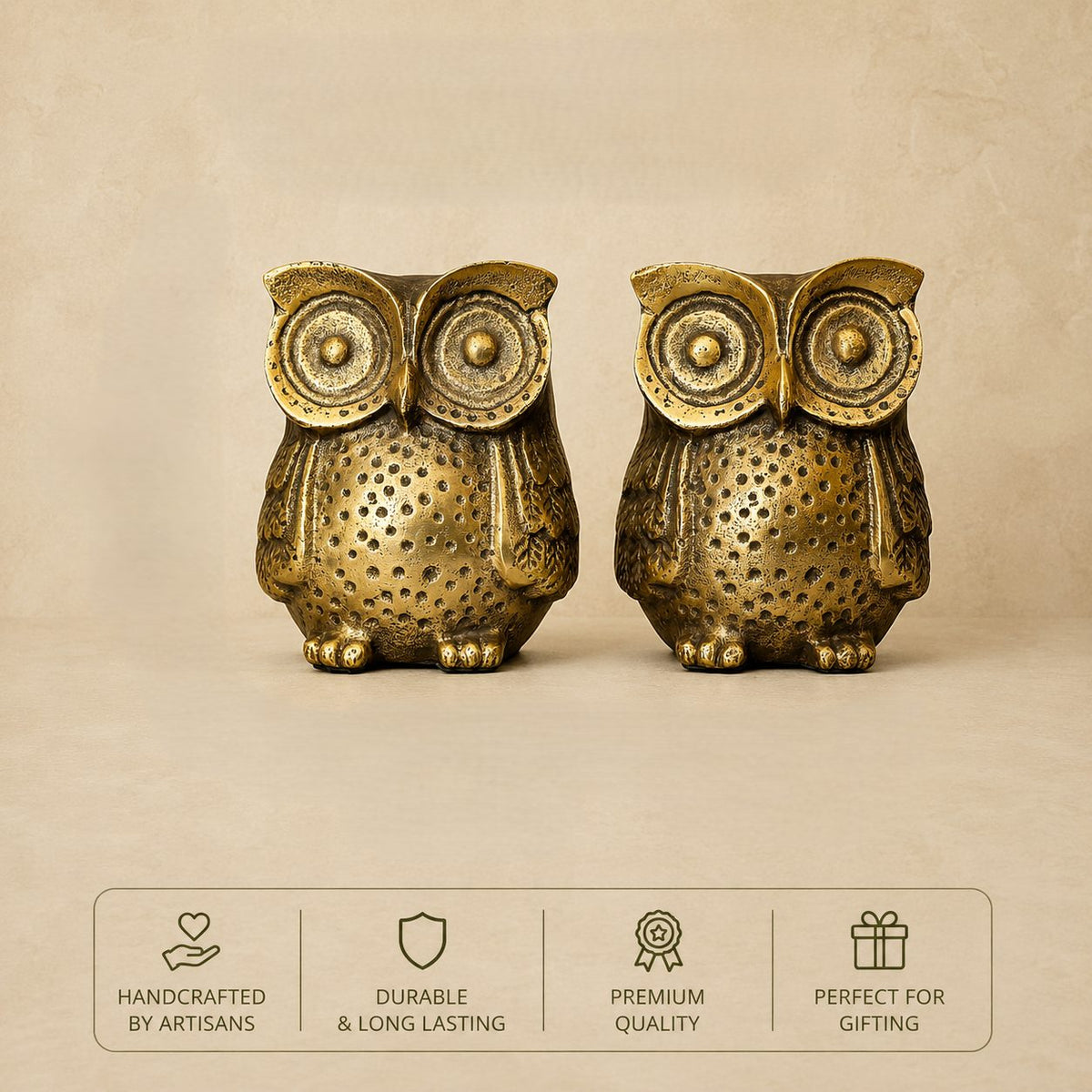 Handcrafted antique brass owl bookends set displayed on a warm beige background with feature icons highlighting artisan craftsmanship, durable construction, premium quality, and perfect gifting for luxury home décor.