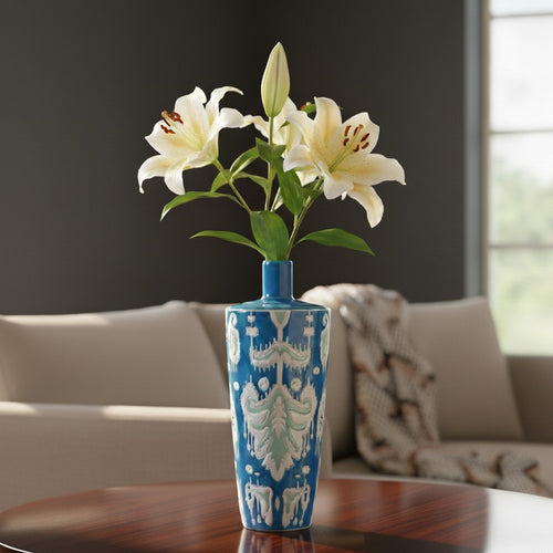Azure Ikat Hand-Painted Ceramic Vase – This exquisite vase features a hand-painted Ikat-inspired pattern, bringing the charm of traditional | INARA
