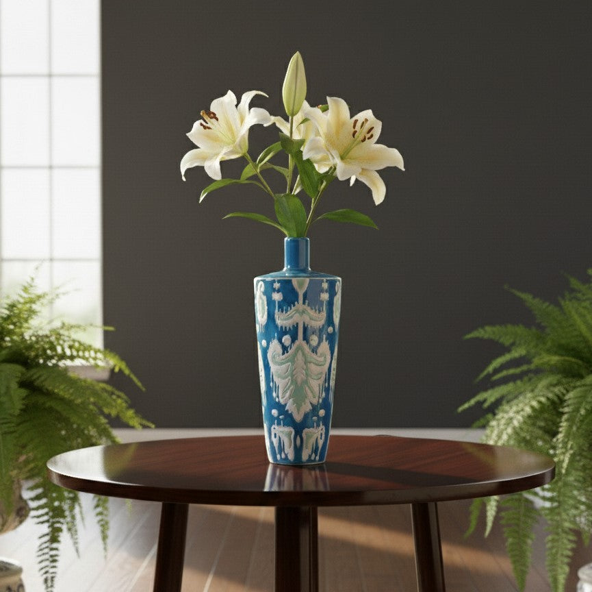 Azure Ikat Hand-Painted Ceramic Vase – alternate angle | INARA