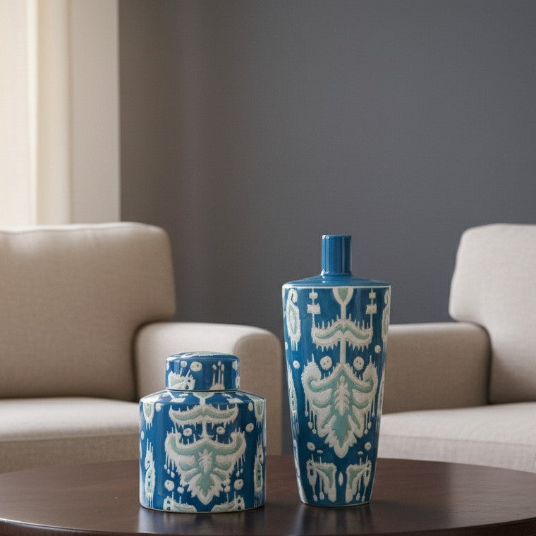 Azure Ikat Hand-Painted Ceramic Vase – texture and finish detail | INARA