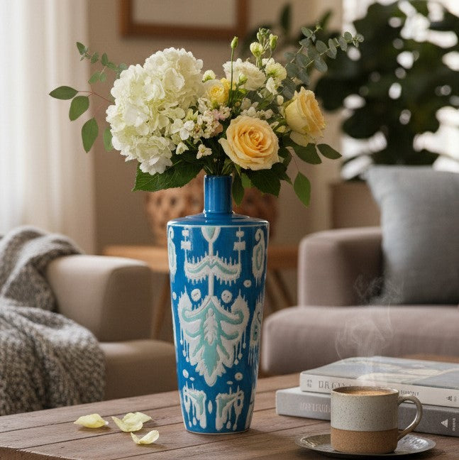 Azure Ikat Hand-Painted Ceramic Vase – size and scale reference | INARA