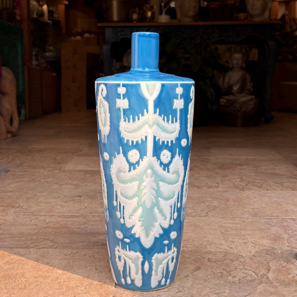 Azure Ikat Hand-Painted Ceramic Vase – full product view | INARA