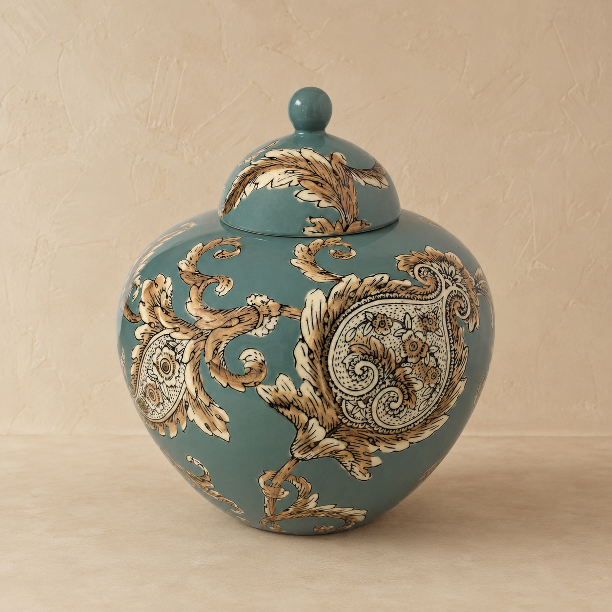 Imperial Sage ceramic decorative ginger jar with hand-painted beige paisley artwork and glossy sage green finish on a premium beige studio background.