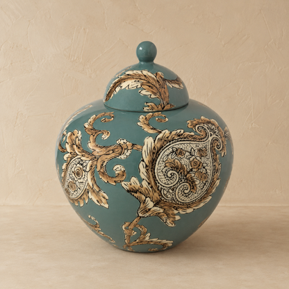 Imperial Sage ceramic decorative ginger jar with hand-painted beige paisley artwork and glossy sage green finish on a premium beige studio background.
