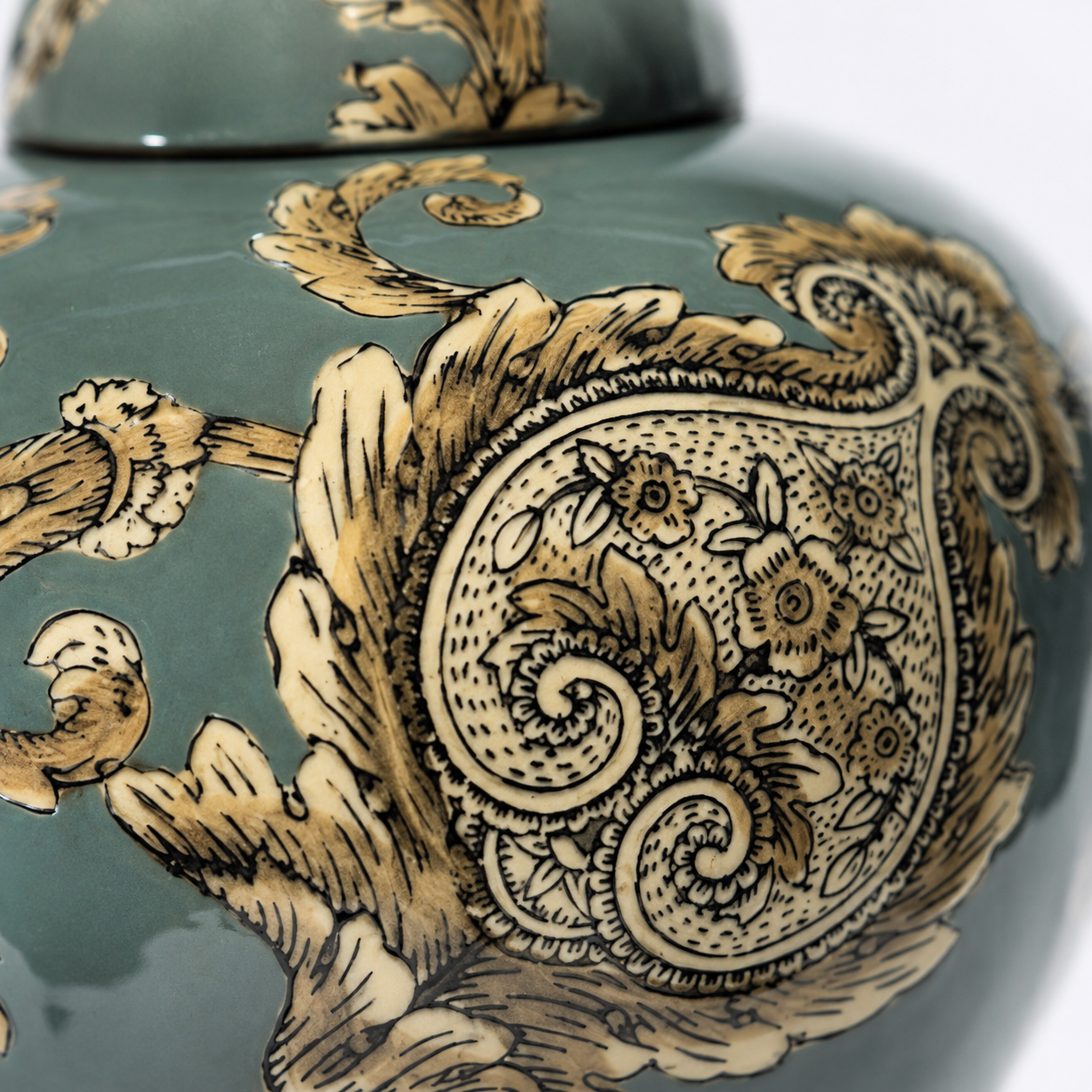 Close-up of the hand-painted paisley artwork and glossy ceramic finish on the Imperial Sage decorative ginger jar.