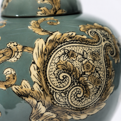 Close-up of the hand-painted paisley artwork and glossy ceramic finish on the Imperial Sage decorative ginger jar.
