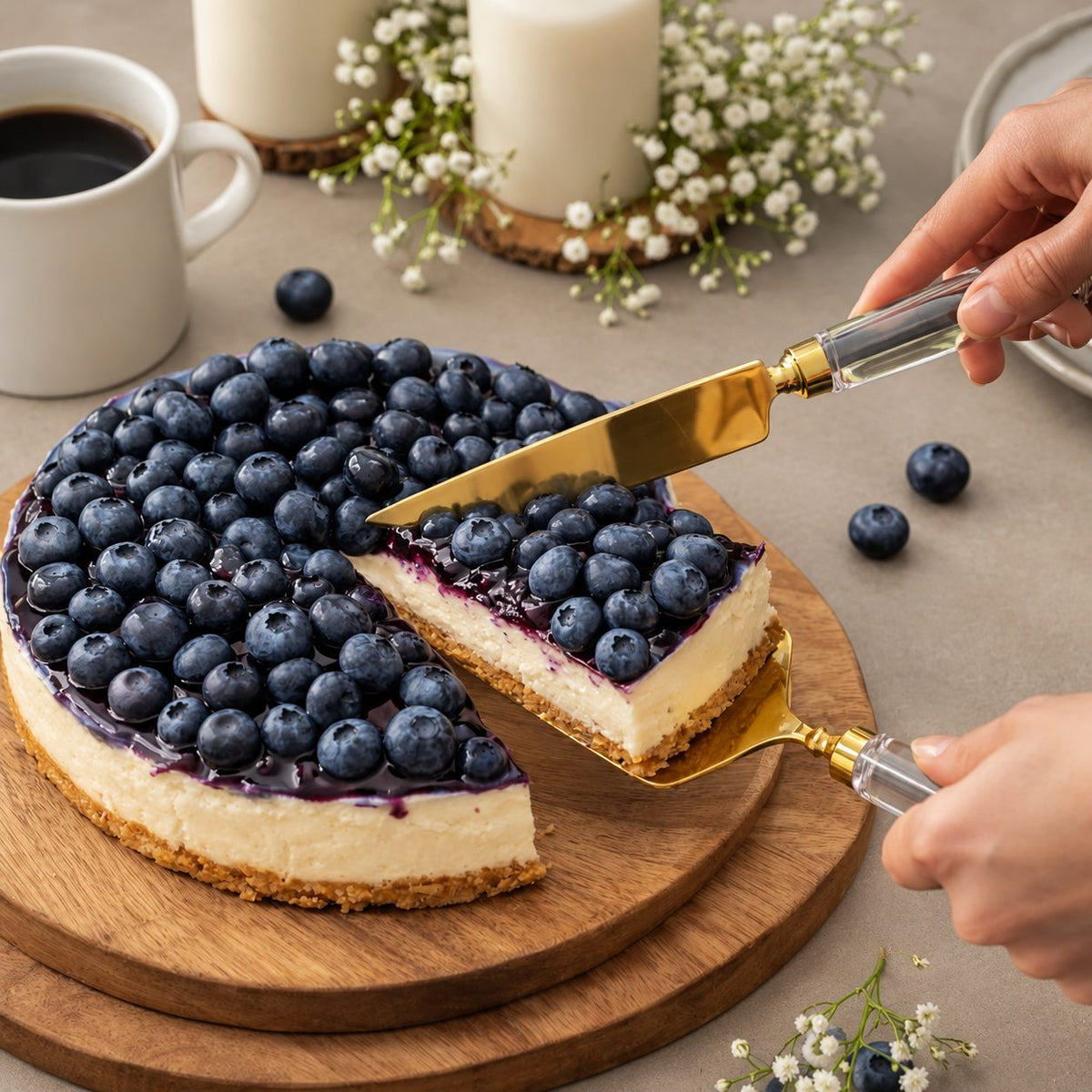 Luxury gold cake server and knife set with clear acrylic handles displayed on a dining table cutting a blue berry 