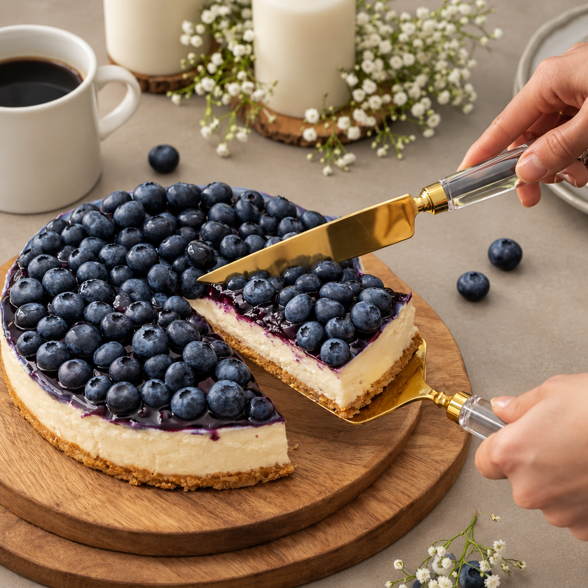 Luxury gold cake server and knife set with clear acrylic handles displayed on a dining table cutting a blue berry 