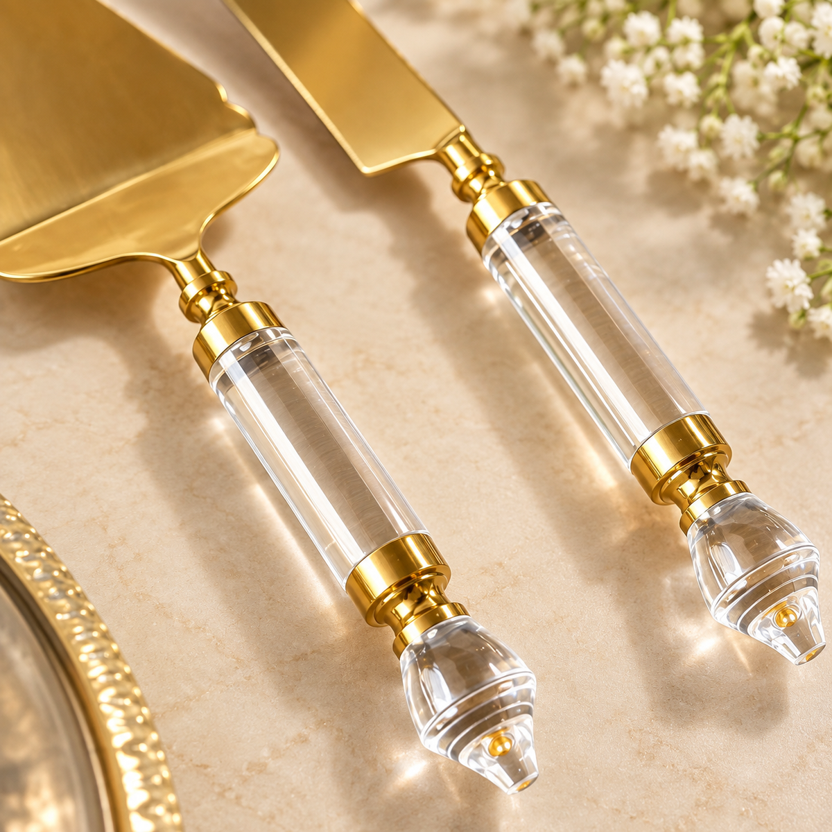 Close-up macro view showing the transparent faceted acrylic handles and brass-gold accent details of the cake knife and server set.