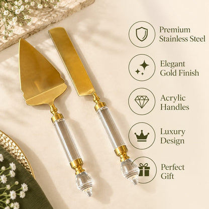Infographic listing product highlights for the gold cake cutting set including premium stainless steel, gold finish, and clear acrylic handles.
