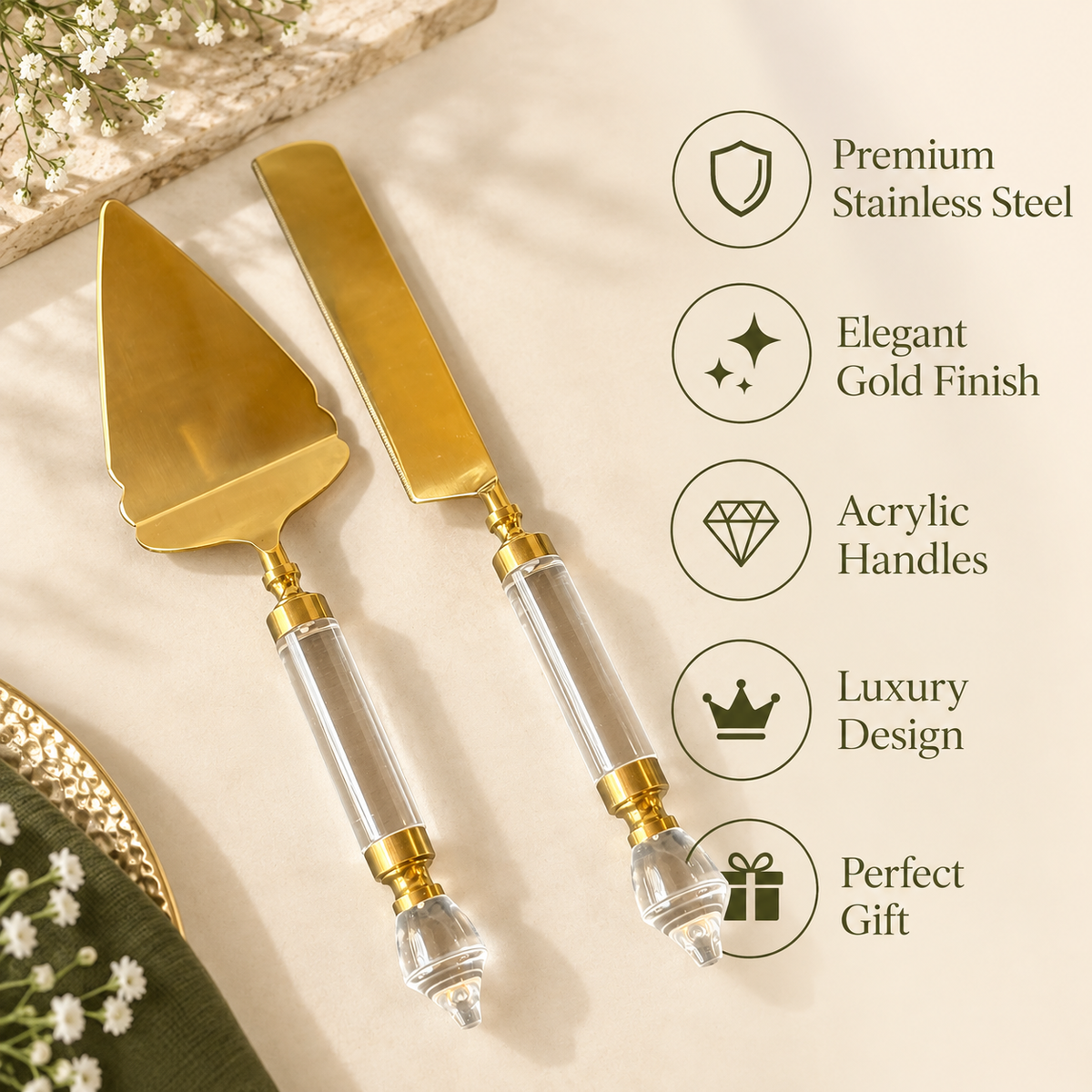 Infographic listing product highlights for the gold cake cutting set including premium stainless steel, gold finish, and clear acrylic handles.