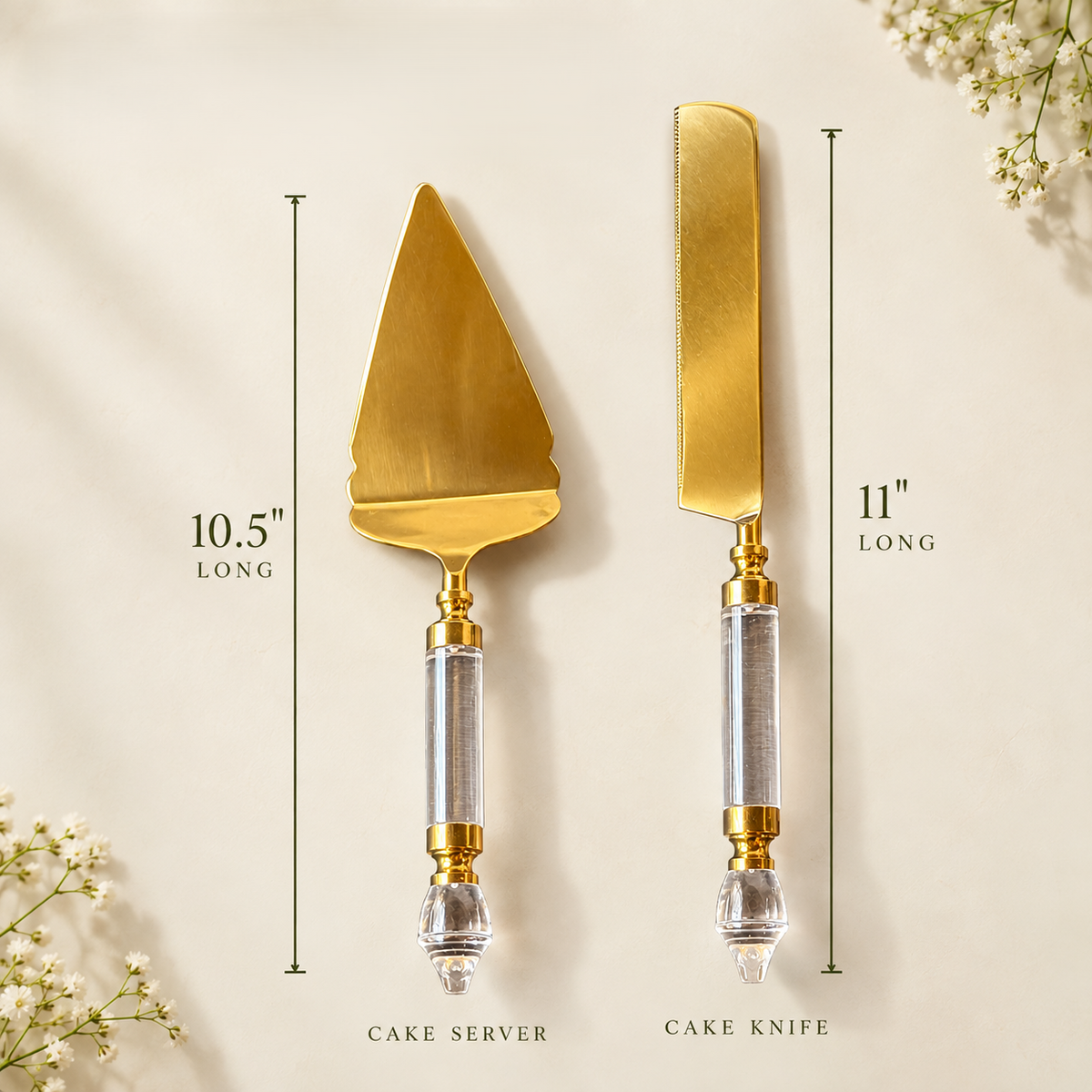 Product size graphic showing the 10.5-inch cake server and 11-inch cake knife with clear acrylic handle accents.