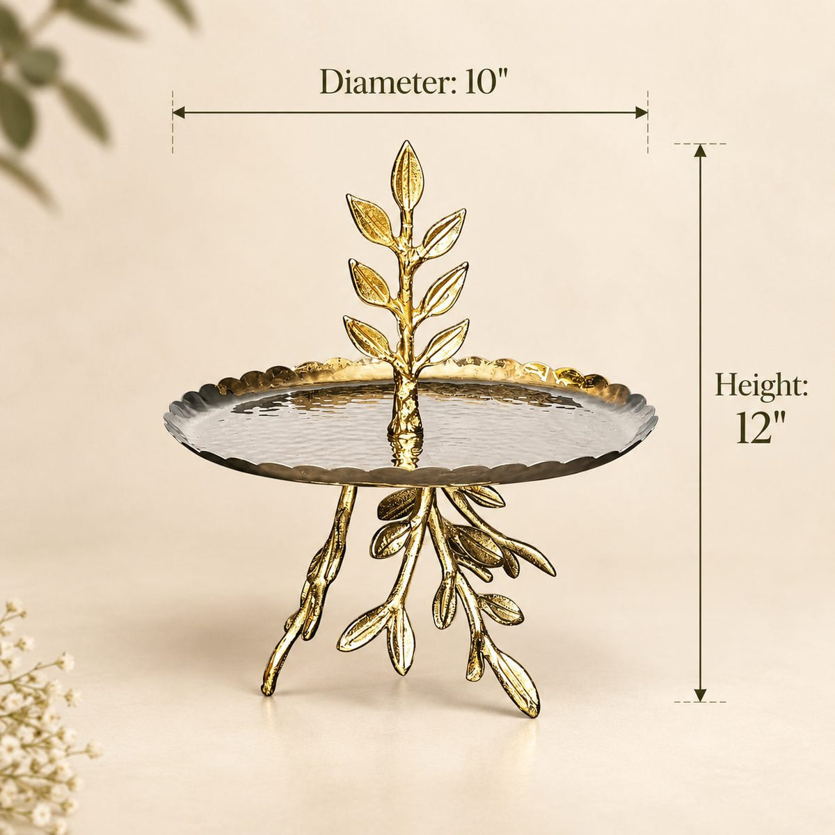 Dimensions diagram of Inara gold leaf branch platter showing 10 inch diameter and 12 inch height.