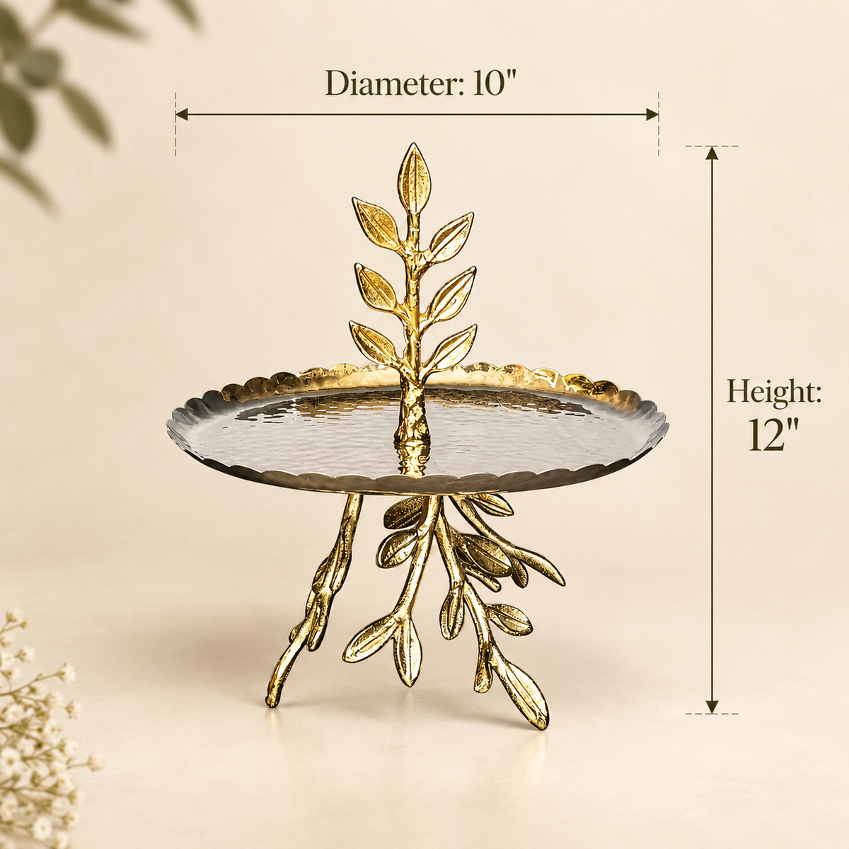 Dimensions diagram of Inara gold leaf branch platter showing 10 inch diameter and 12 inch height.