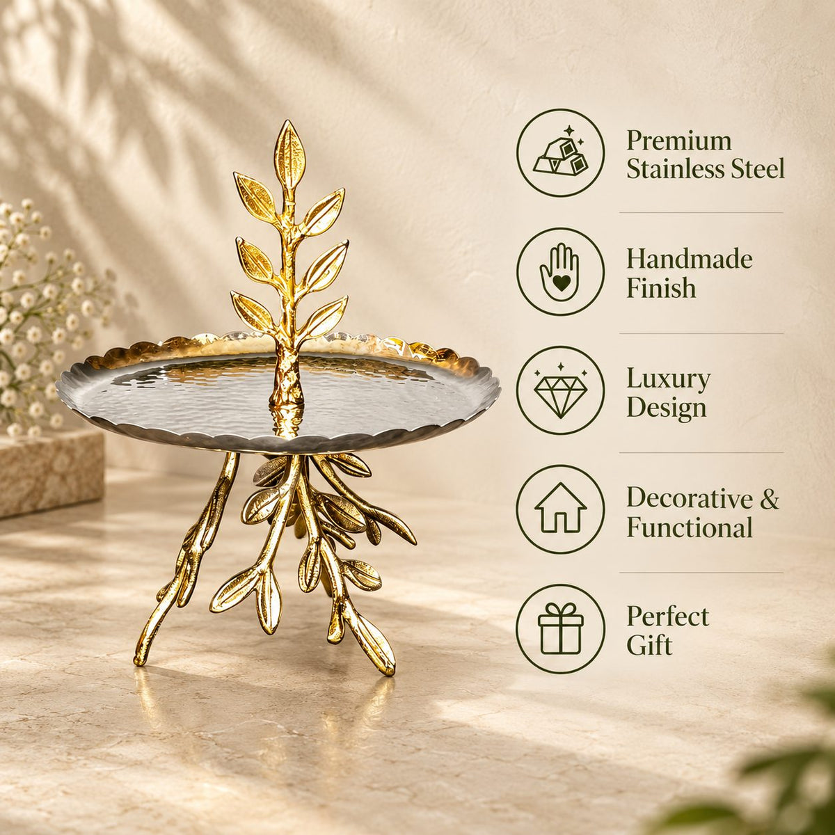 Inara handcrafted gold leaf branch platter highlighting premium stainless steel material, luxury handmade finish, and functional decorative design.