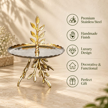 Inara handcrafted gold leaf branch platter highlighting premium stainless steel material, luxury handmade finish, and functional decorative design.