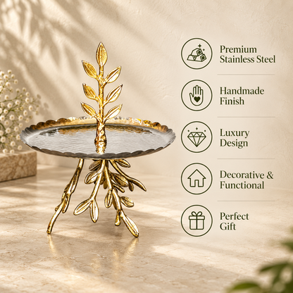 Inara handcrafted gold leaf branch platter highlighting premium stainless steel material, luxury handmade finish, and functional decorative design.