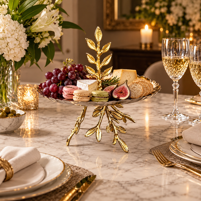 Inara gold leaf branch platter styled on an elegant dining table serving fresh grapes, macaroons, cheese, and figs for fine dining.