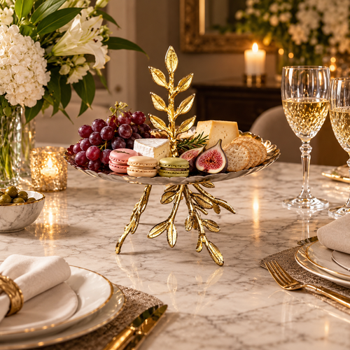 Inara gold leaf branch platter styled on an elegant dining table serving fresh grapes, macaroons, cheese, and figs for fine dining.