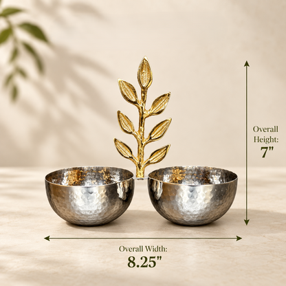 Inara product dimension graphic showing the hammered stainless steel twin bowl with gold leaf handle measuring 7 inches in overall height and 8.25 inches in overall width.