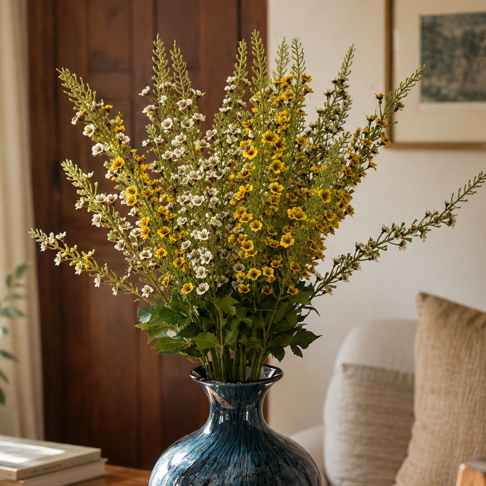 Elegant blue ceramic vase with yellow and white floral stems styled on a rustic wooden dining table in a warm modern living room setting.