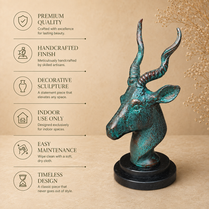 Antique bronze deer head sculpture with handcrafted finish, premium quality, decorative home décor features, indoor use, easy maintenance, and timeless design.