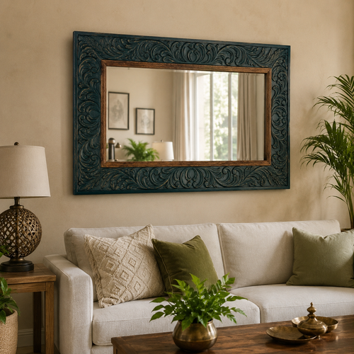 Distressed Blue Wooden Mirror – Hand-Carved Wooden Mirror: Expertly handcrafted from solid mango wood, this mirror features intricate floral | INARA