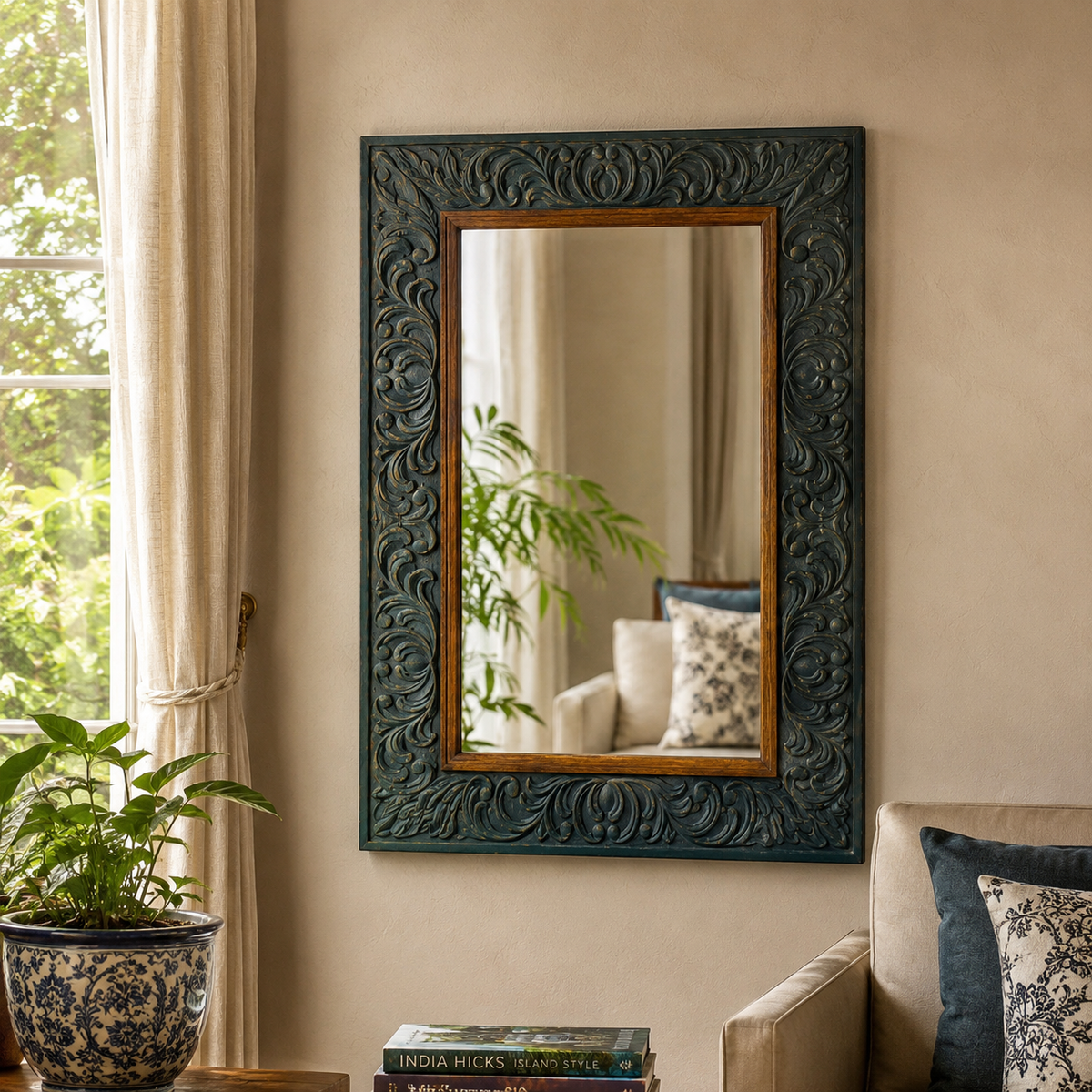 Distressed Blue Wooden Mirror – alternate angle | INARA