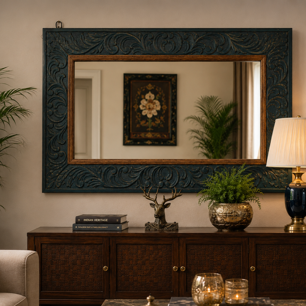 Handcrafted carved wooden wall mirror with an antique finish displayed in a luxury living room above a wooden console, showcasing intricate floral detailing and timeless elegance.