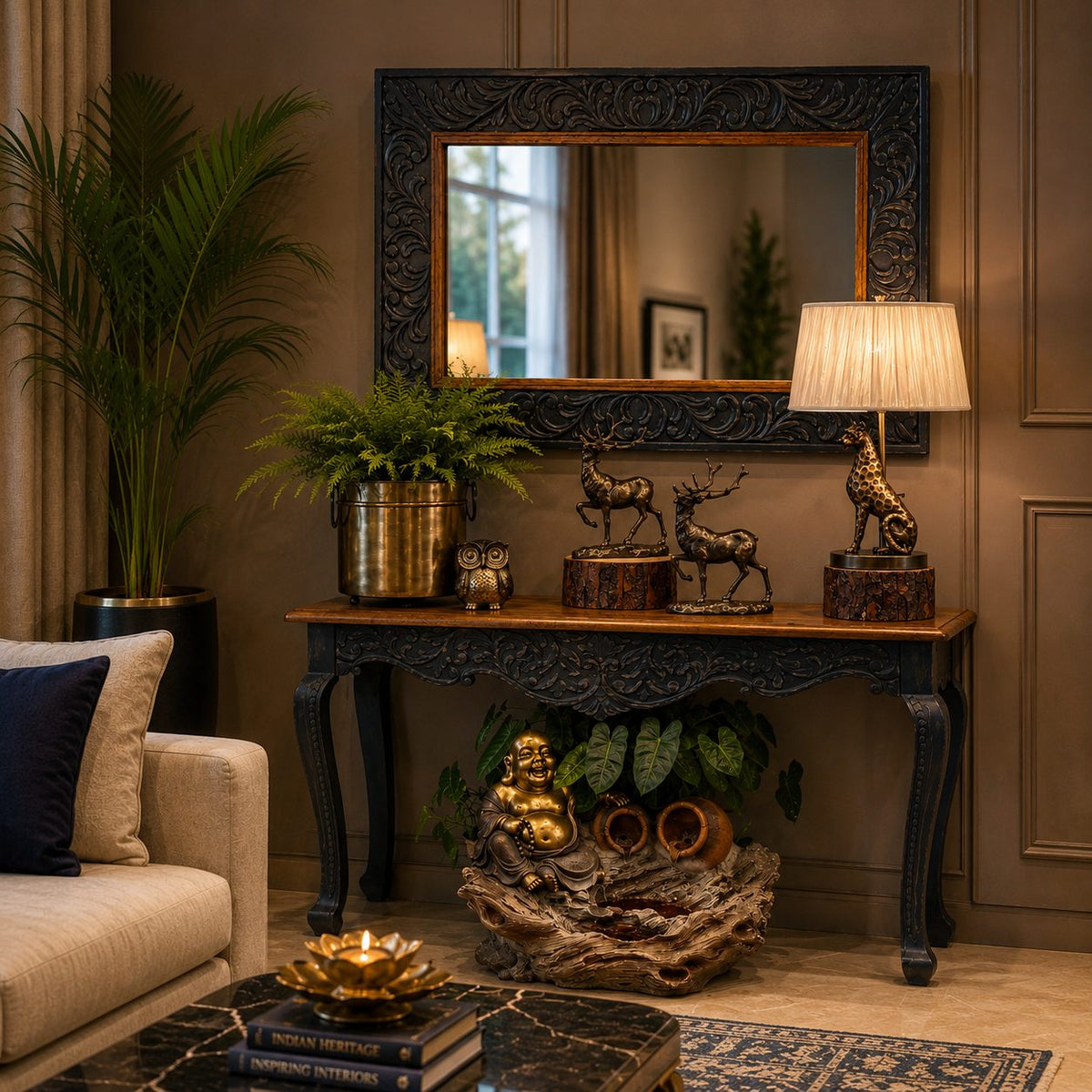 Hand-carved wooden console table with matching carved wall mirror styled in a luxury living room, featuring intricate floral detailing, premium craftsmanship, and elegant traditional décor.