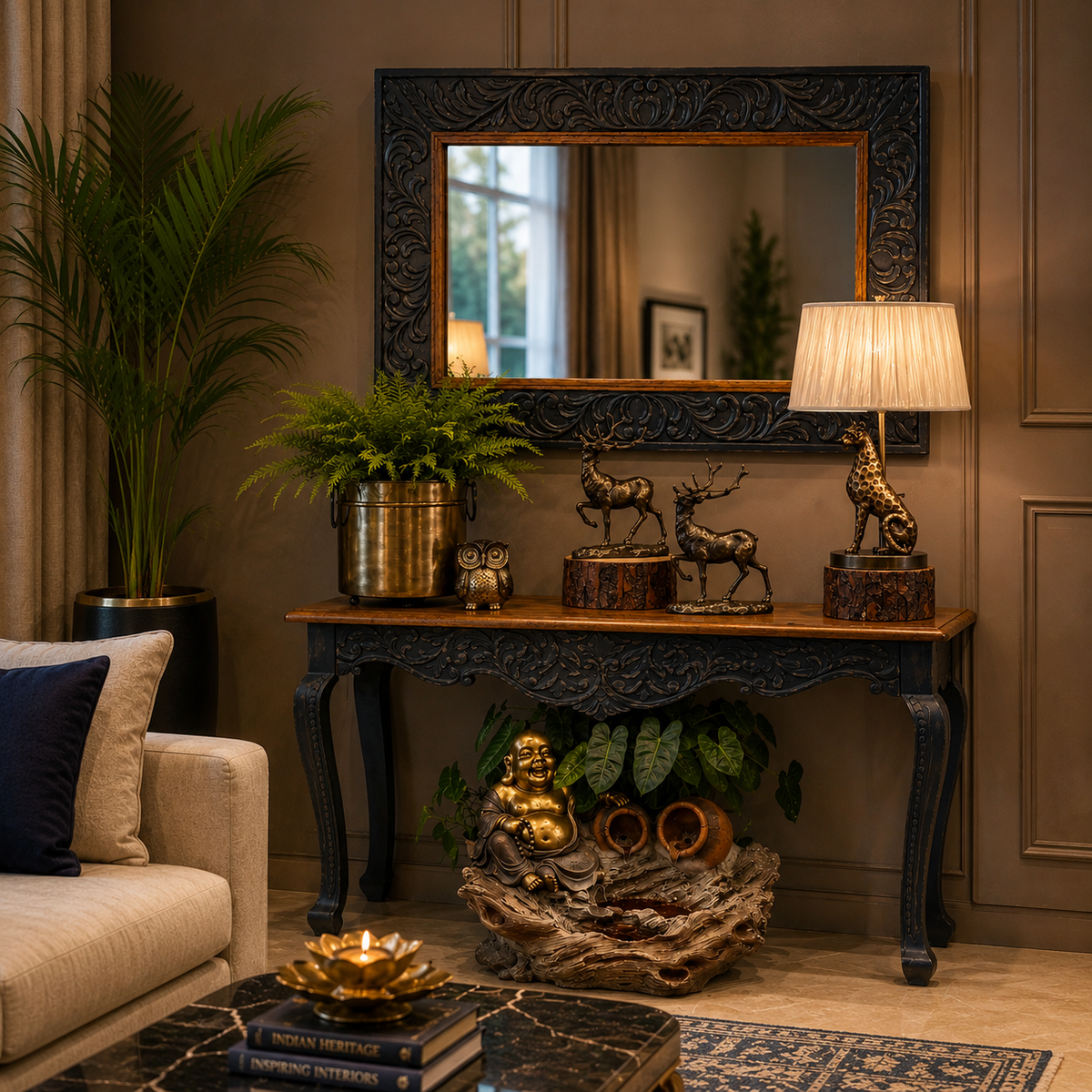Hand-carved wooden console table with matching carved wall mirror styled in a luxury living room, featuring intricate floral detailing, premium craftsmanship, and elegant traditional décor.