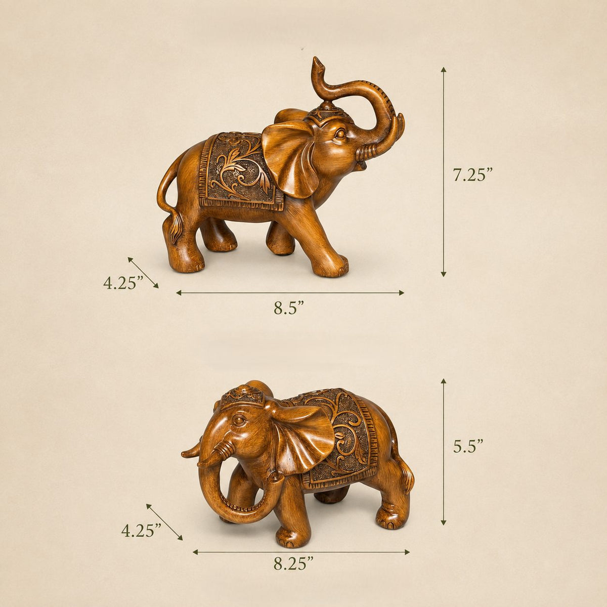 Size guide showing dimensions of the handcrafted resin elephant sculpture set with antique wood finish for home décor and gifting.