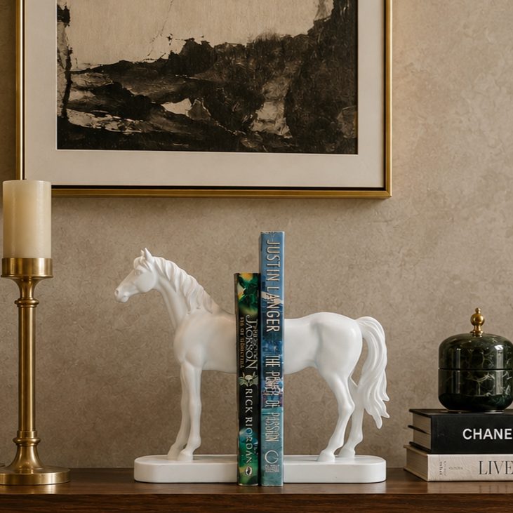 Luxury white horse resin bookends displayed on a walnut console table with framed artwork, brass candle holder, decorative accessories, and hardcover books in an elegant modern living room.