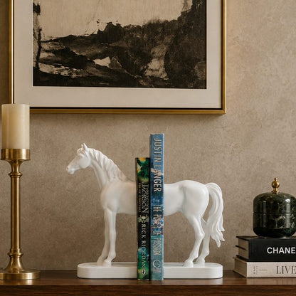 Luxury white horse resin bookends displayed on a walnut console table with framed artwork, brass candle holder, decorative accessories, and hardcover books in an elegant modern living room.