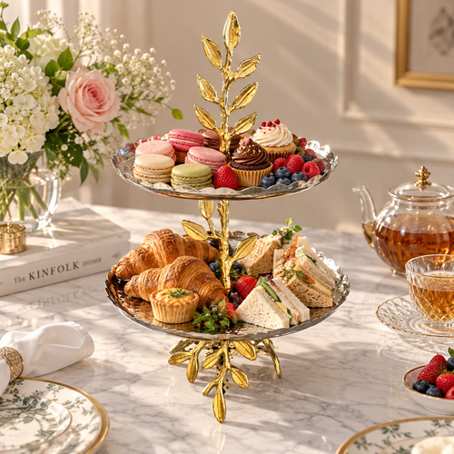 Elegant two tier leaf serving stand styled with macarons, cupcakes, sandwiches, croissants and fresh berries for a luxury afternoon tea table setting.
