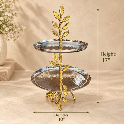 Two tier leaf serving stand dimensions showing 17 inch height and 10 inch diameter with hammered stainless steel trays and gold leaf stand.