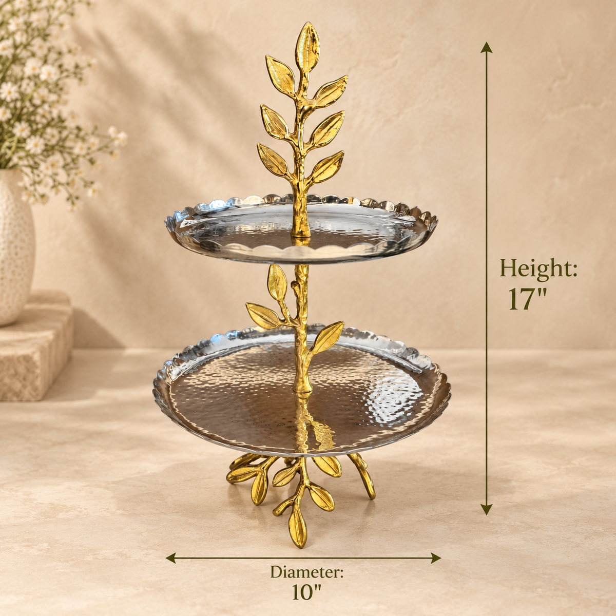 Two tier leaf serving stand dimensions showing 17 inch height and 10 inch diameter with hammered stainless steel trays and gold leaf stand.