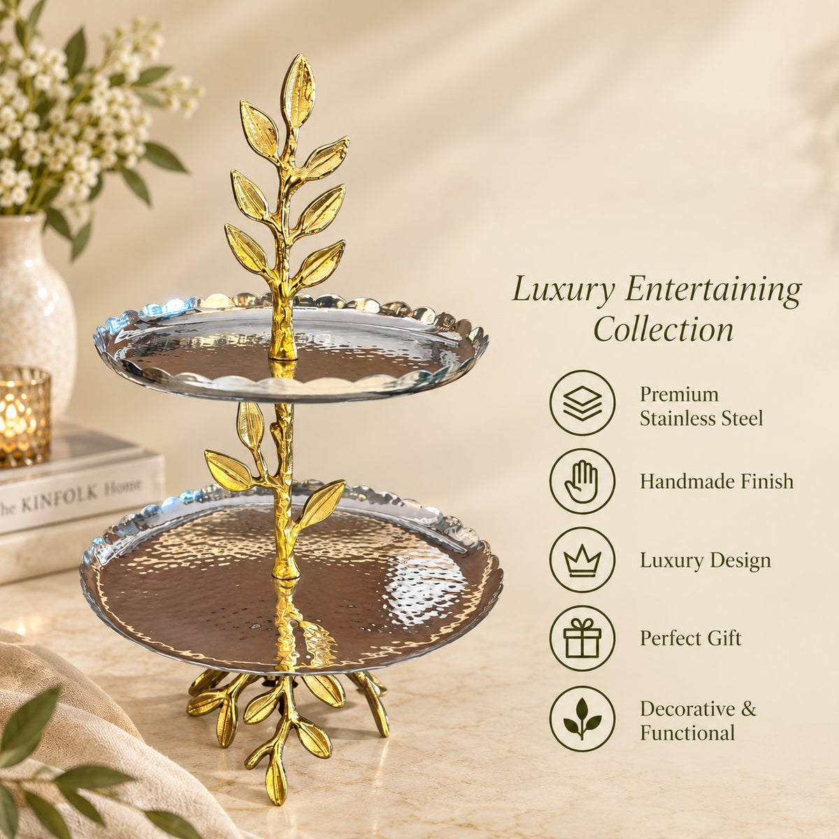 Inara Home Decor luxury two tier leaf serving stand featuring premium stainless steel construction, handmade finish and elegant decorative design for entertaining.