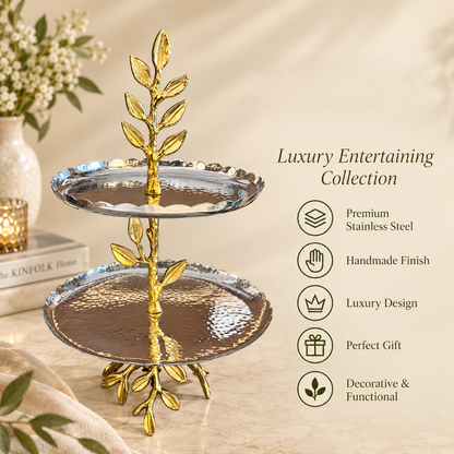 Inara Home Decor luxury two tier leaf serving stand featuring premium stainless steel construction, handmade finish and elegant decorative design for entertaining.