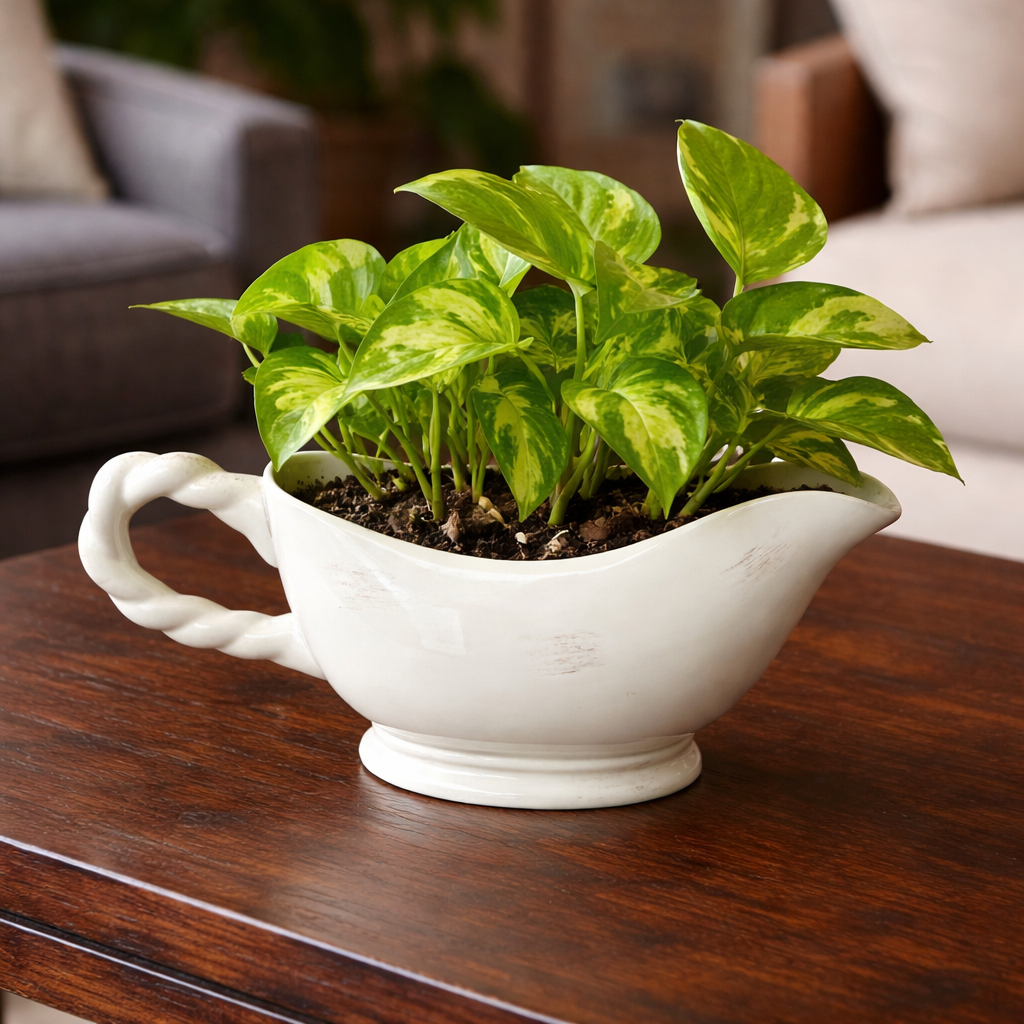 An elegant ivory ceramic gravy boat repurposed as a decorative indoor planter, holding a vibrant green Pothos plant on a dark wood coffee table.
