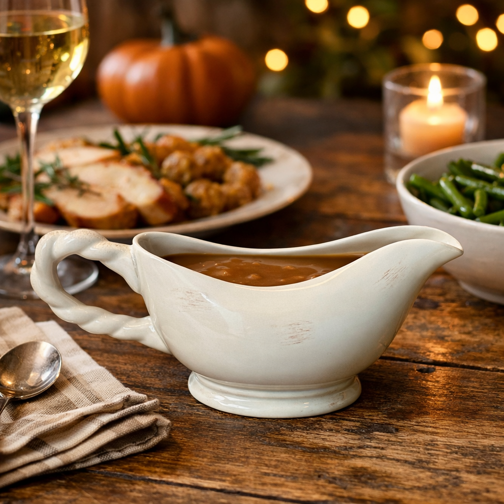 A rustic ivory ceramic gravy boat filled with brown gravy, styled on a wooden dining table with a Thanksgiving-themed meal, pumpkins, and warm candlelight.