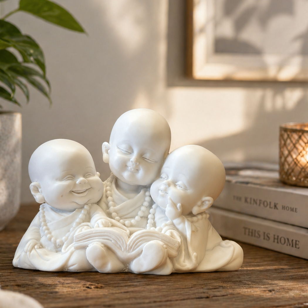White monk figurine trio reading a book on a rustic wooden table with warm natural lighting and cozy home décor accents.