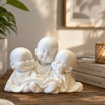 White monk figurine trio reading a book on a rustic wooden table with warm natural lighting and cozy home décor accents.