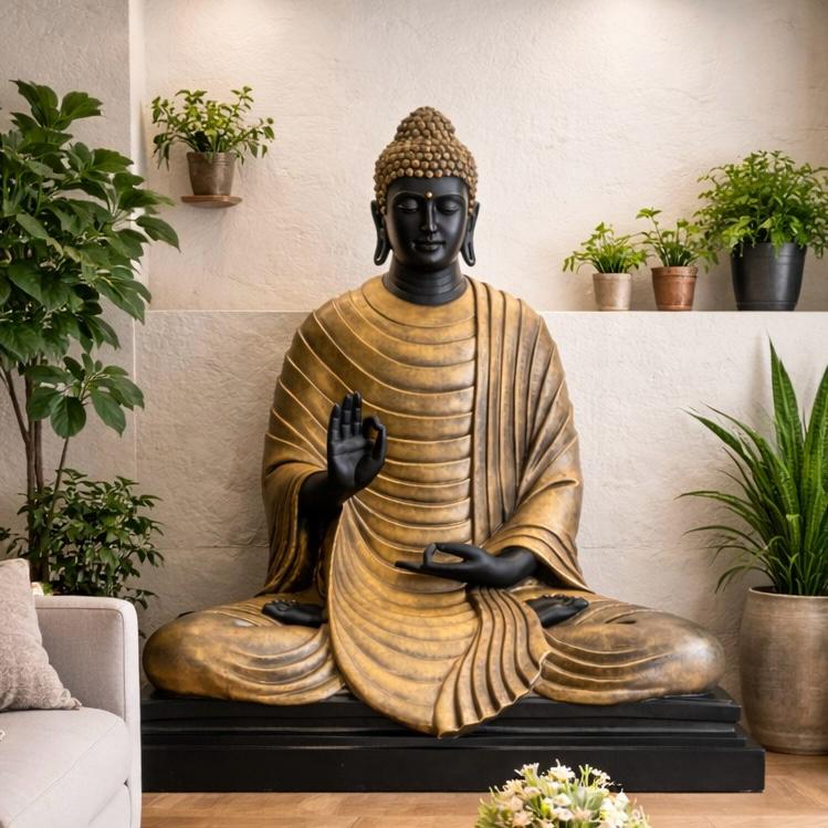 Large gold and black Buddha statue seated in meditation against a neutral textured wall with indoor plants in a modern minimalist living room.
