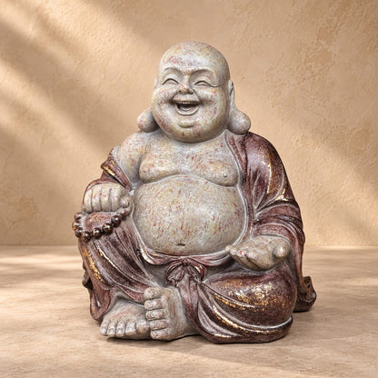 Handcrafted Laughing Buddha ceramic statue in antique cream and bronze finish, front view decorative home décor sculpture.