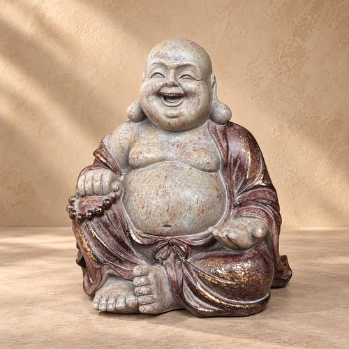 Handcrafted Laughing Buddha ceramic statue in antique cream and bronze finish, front view decorative home décor sculpture.